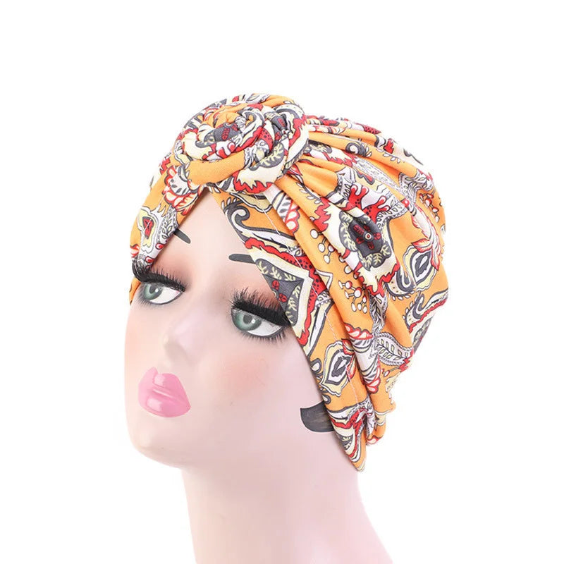 African Floral Pleated Turban - Elegant Knot Flower Beanie Head Wrap for Women, Bandana & Head Cover