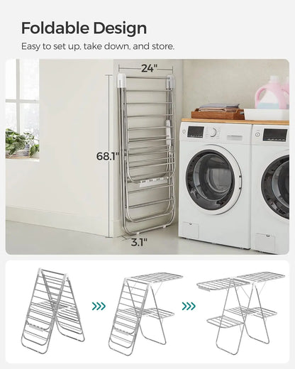 Foldable 2-Level Clothes Drying Rack – Large Free-Standing Laundry Rack with Height-Adjustable Wings