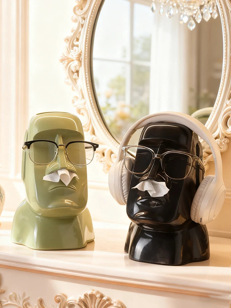 Miniso Moai Stone Statue Tissue Box & Glasses Holder – Multifunctional Home Decor Stand