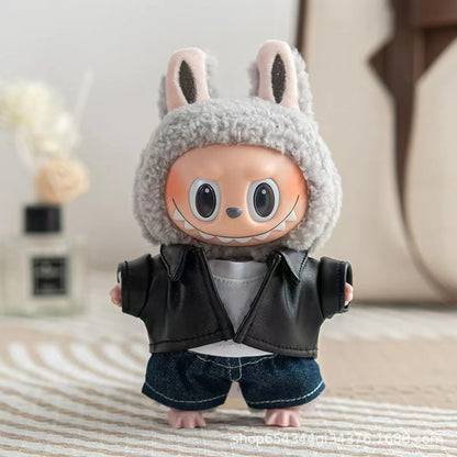 Leather Jacket & Skirt Set — Motorcycle Style Outfit for 17cm Labubu Dolls