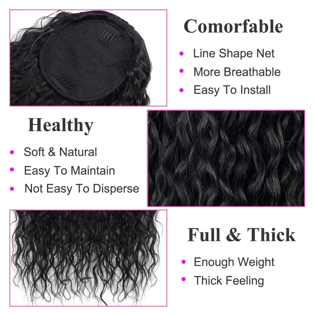 24" Long Curly Wave Drawstring Ponytail Extension – Heat Resistant Synthetic Clip-In Hairpiece for Women & Girls