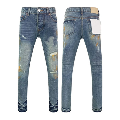 Men's Graffiti Washed Jeans - Retro Distressed Low Rise Skinny Denim Pants