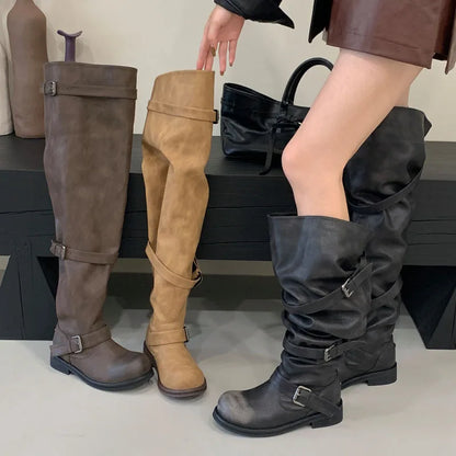 Eilyken Women’s Over-the-Knee Boots – Round Toe Punk Style with Pleated Buckle Strap, Low Square Heels for Autumn Winter