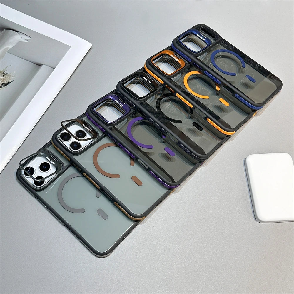 Luxury Matte Transparent MagSafe Kickstand Case — Magnetic Stand Cover for iPhone 11–17 Air, Plus, Pro Max