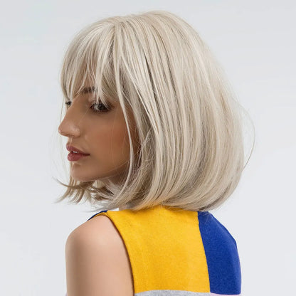 Short Bob Platinum Blonde Wig with Bangs – Synthetic Straight Hair, Heat-Resistant Wig for White Women, Daily & Party Wear