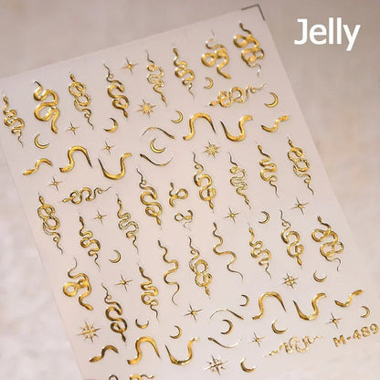 5D Gold Stamped Nail Art Stickers - Silver Sun Stars Snake Chinese Style Self-Adhesive Manicure Decals