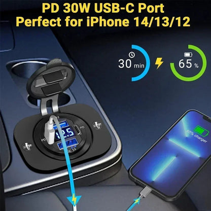 117W Dual USB Car Charger - PD & QC3.0 Fast Charging Adapter with Voltmeter Waterproof Socket for 12V/24V Vehicles