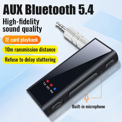 Bluetooth 5.4 Audio Transmitter Receiver – 3.5mm AUX Wireless Adapter with Mic & TF Card Support for Car, TV & PC