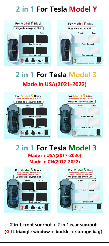 Split Sunshade for Tesla Model 3 (2017-2023) & Model Y – Front & Rear Sunroof Windshield Skylight Glass Roof Cooling Shade