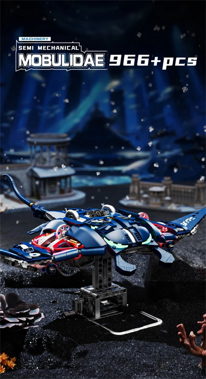 Mechanical Sea Animal Building Blocks Toy – Whale Shark, Octopus, Piranha & Manta Ray with Motor and Lights for Kids