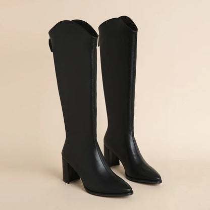 Plus Size 34-43 Women's Knee-High Boots – Zipper Thick High Heels for Autumn & Winter
