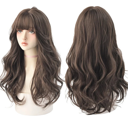7JHH Brown Ash Long Deep Wave Lolita Wig for Women — Synthetic Hair with Bangs, Thick Curly Fashion Wig