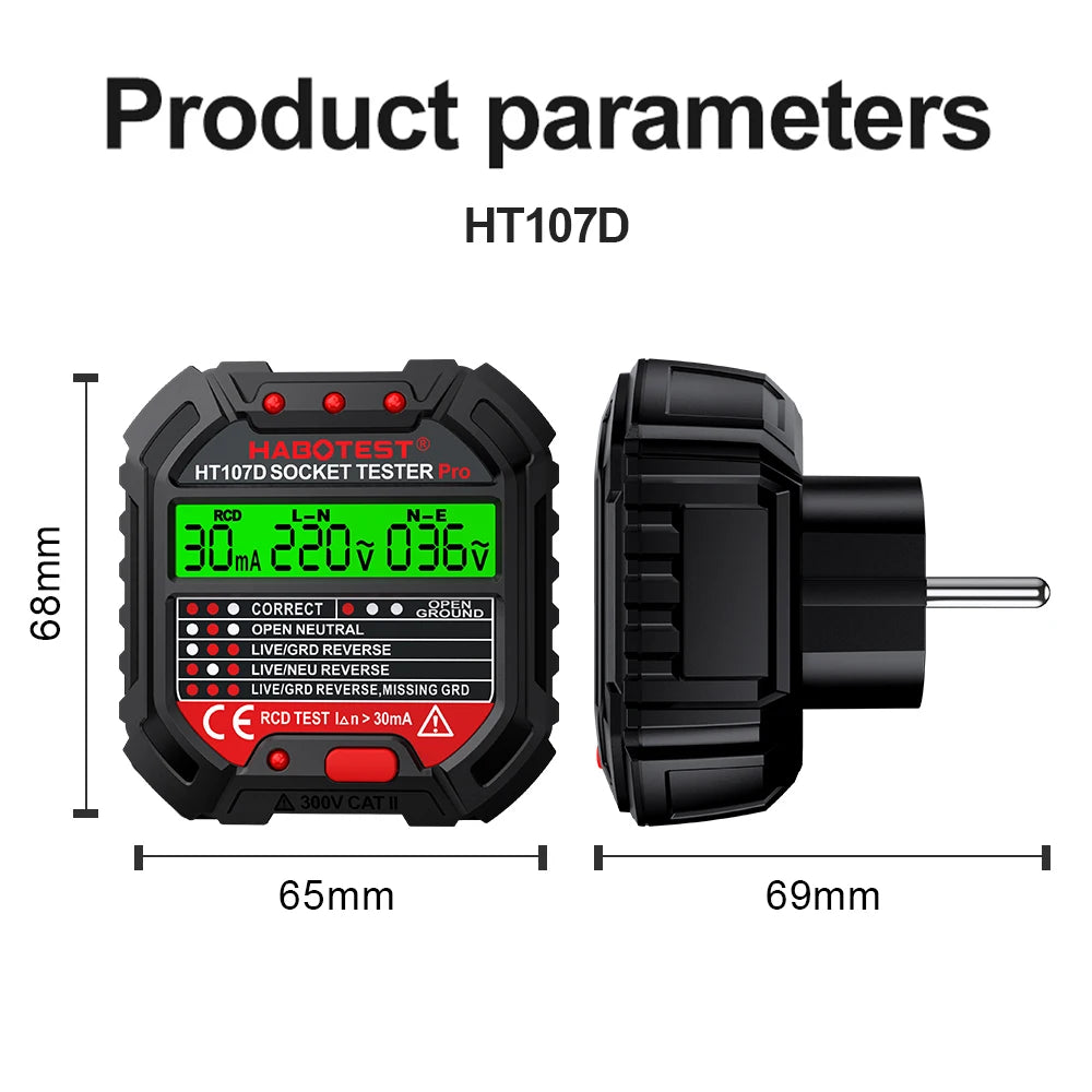 HABOTEST HT107 Pro Socket Tester - Voltage & Polarity Detector | EU Plug Ground, Zero Line, Phase Check