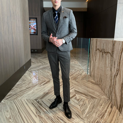 Men’s British Korean Plaid Three-Piece Suit – Stylish Business Casual Set with Blazer, Vest & Trousers