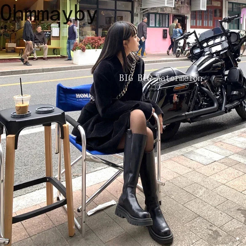 Platform Women's Knight Long Boots – Fashionable Warm Fur Knee-High Booties with Square Heels for Autumn & Winter
