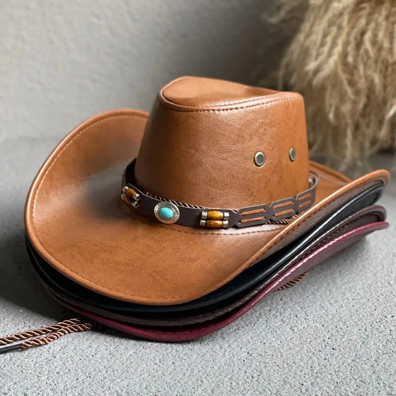 Faux Leather Western Cowboy Hat — Vintage Panama Sombrero Jazz Cap for Men & Women