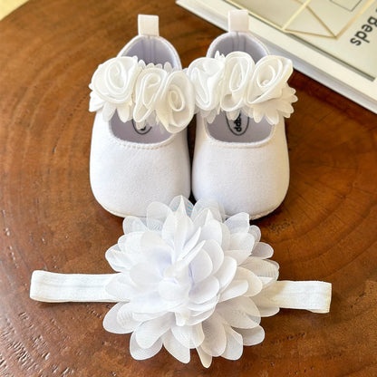 Baby Girls Flat Shoes with Flower Decor & Matching Headband – Princess Crib First Walker Shoes for Newborns and Infants