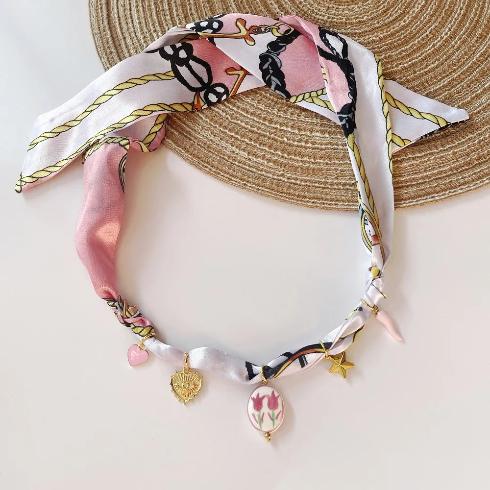 Bohemian Fabric Scarf Necklace - Sea Life, Heart & Floral Charm Pendant Vacation Jewelry Gift for Women