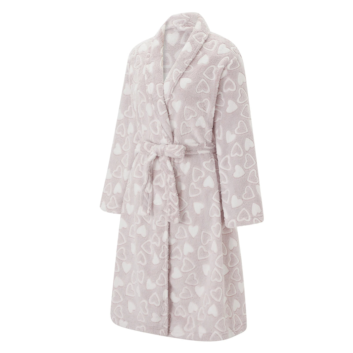 Women's Plush Flannel Bathrobe - Heart Print Fuzzy Long Sleeve Robe with Belt