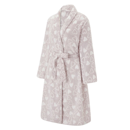 Women's Plush Flannel Bathrobe - Heart Print Fuzzy Long Sleeve Robe with Belt