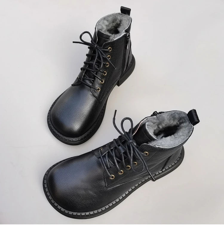 Careaymade 100% Genuine Leather Wide Casual Women’s Short Boots – Big Size, Handmade Men’s Wool Boots