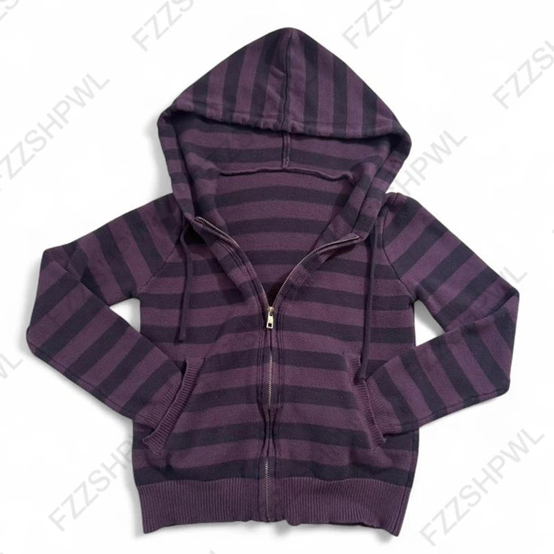 Harajuku Y2K Striped Hoodie - Women’s Slim Fit Grunge Punk Streetwear Cardigan