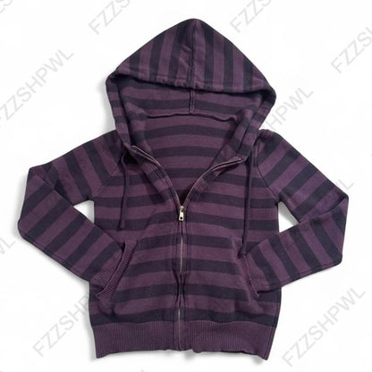 Harajuku Y2K Striped Hoodie - Women’s Slim Fit Grunge Punk Streetwear Cardigan