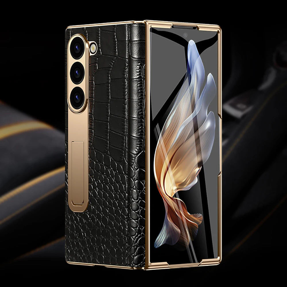 LANGSIDI Leather Case for Samsung Galaxy Z Fold 6/5/4/3 – Gold Plated Magnetic Hinge Cover with Mirror Film & Stand