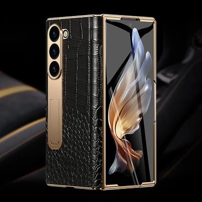 LANGSIDI Leather Case for Samsung Galaxy Z Fold 6/5/4/3 – Gold Plated Magnetic Hinge Cover with Mirror Film & Stand