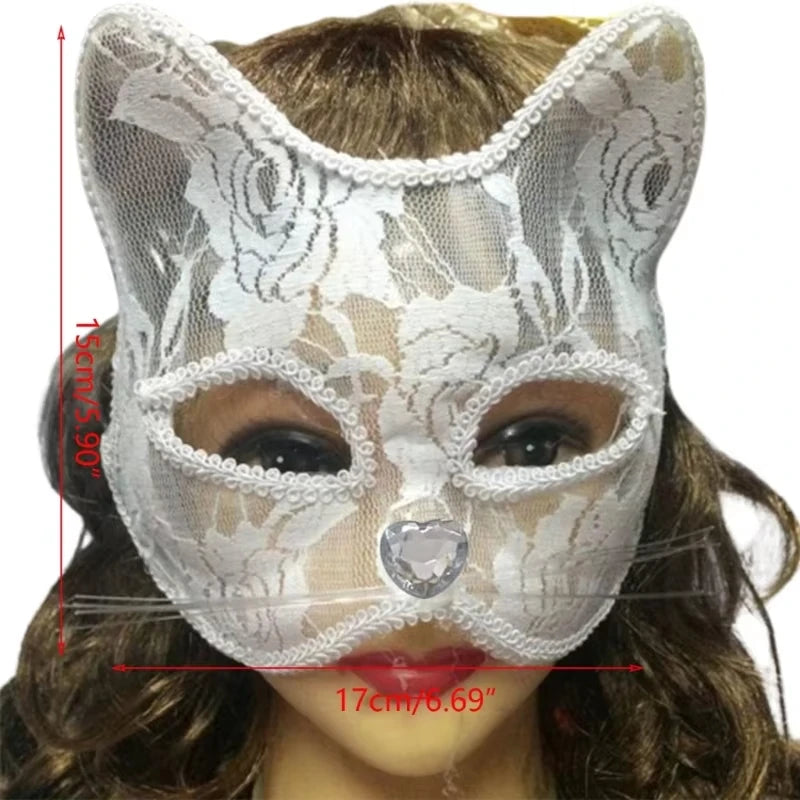 Women's Cat Face Lace Mask - Elegant Animal Masquerade Mask for Halloween Cosplay & Parties