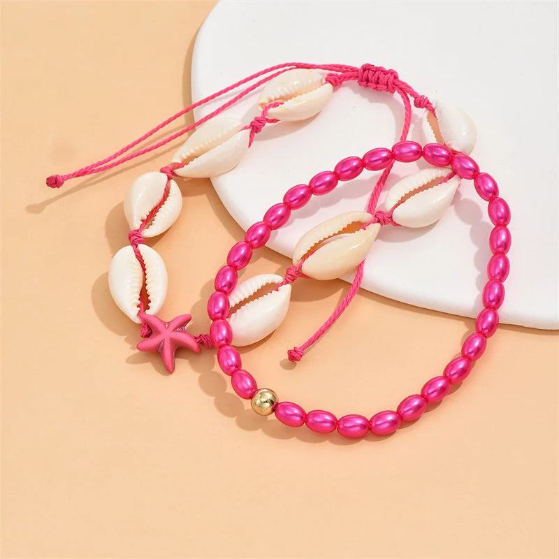 Bohemia Starfish Conch Shell Anklet – Double Heart Beaded Summer Beach Leg Chain Jewelry for Women Barefoot Sandal Accessory