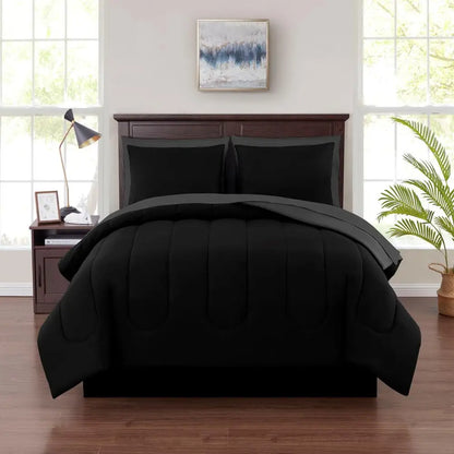 Black 7-Piece Bedding Set - Comforter, Sheets, Shams, Pillowcases, Reversible King Size, Easy Care Polyester