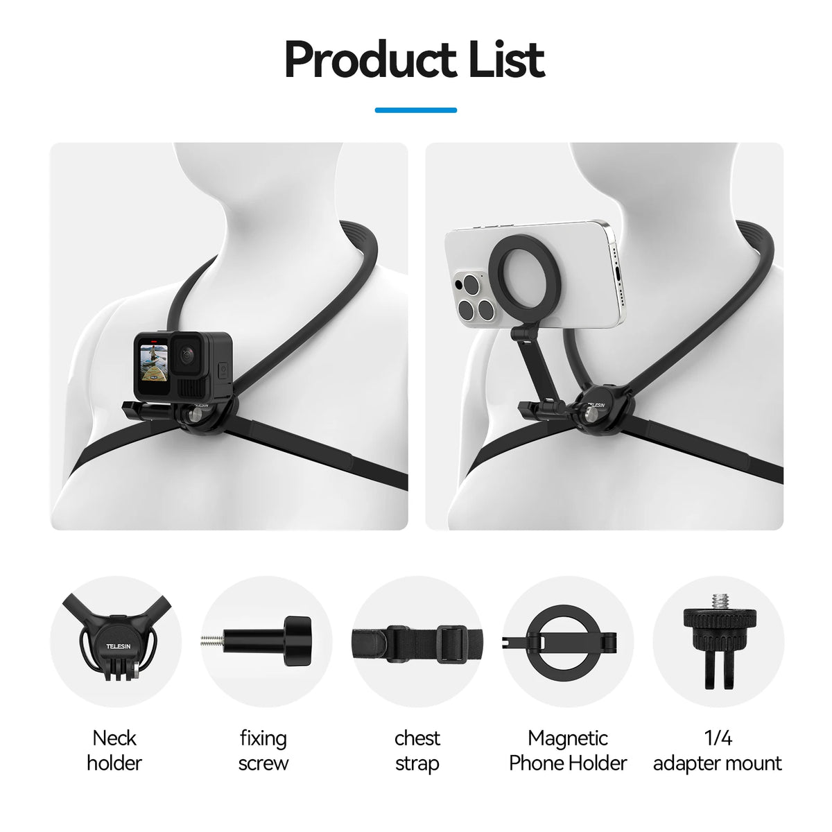 TELESIN 2-in-1 Neck Mount - Universal Phone & Action Camera Holder for GoPro, Insta360 & DJI Osmo Action