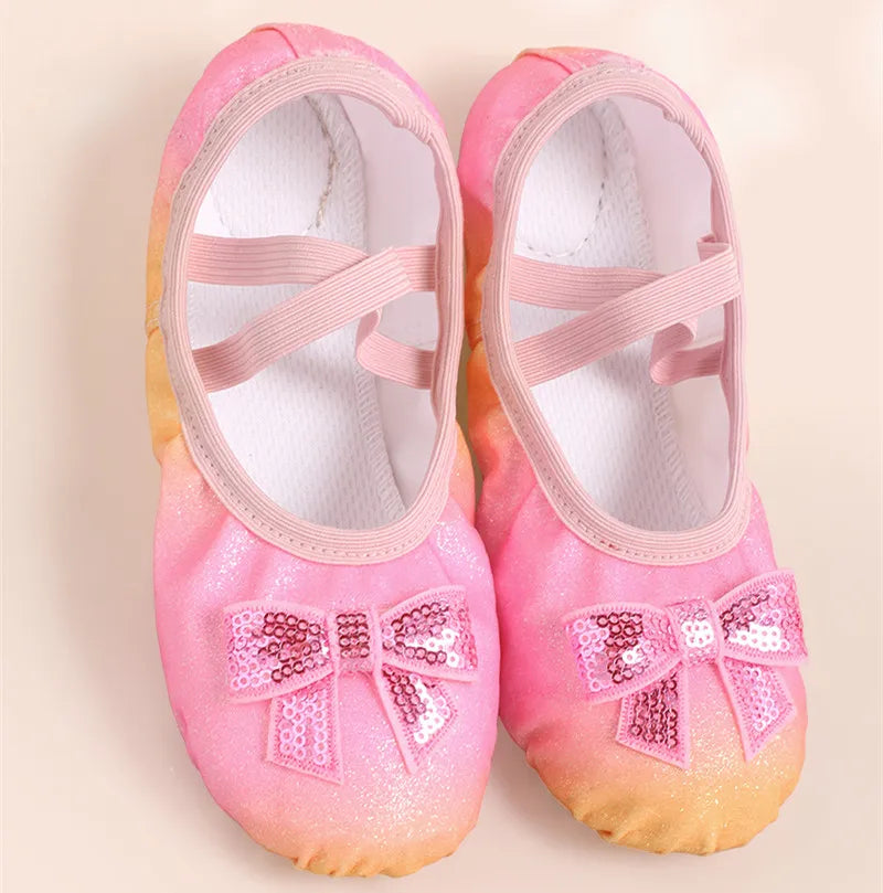 Girls Ballet Dance Shoes — Rainbow Bow Sequin Leather Soft Sole Flats for Performance & Practice