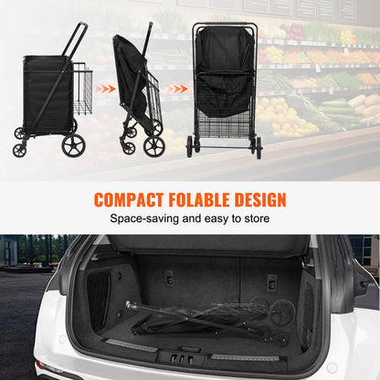 SucceBuy Folding Shopping Cart with Removable Waterproof Liner — Large Capacity 106/330LBS, 360° Swivel Wheels, Metal Mesh Base