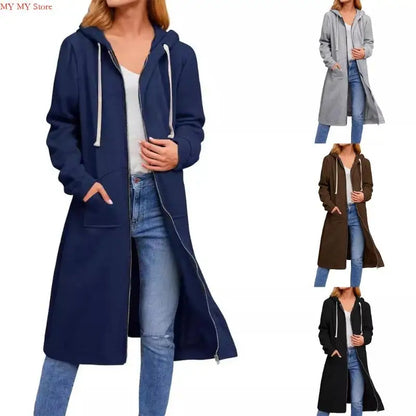 Women's Loose Fit Hooded Coat - Full Zip Long Sleeve Cotton Jacket with Pockets