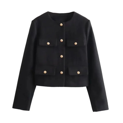 TRAF Women's Autumn Outerwear – Long Sleeve Cropped Jacket, Winter Button Demi-Season Short Coat, Elegant Women’s Coat