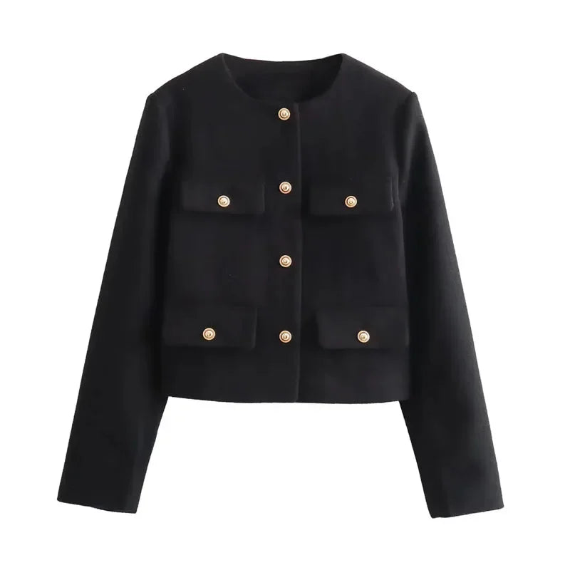 TRAF Women's Autumn Outerwear – Long Sleeve Cropped Jacket, Winter Button Demi-Season Short Coat, Elegant Women’s Coat