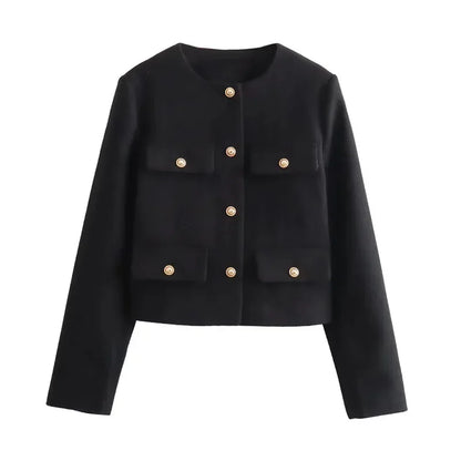 TRAF Women's Autumn Outerwear – Long Sleeve Cropped Jacket, Winter Button Demi-Season Short Coat, Elegant Women’s Coat