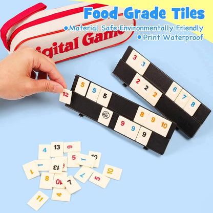 Rummy Cube Tile Game Set - Portable Family Travel Board Game with 4 Racks and 106 Number Tiles