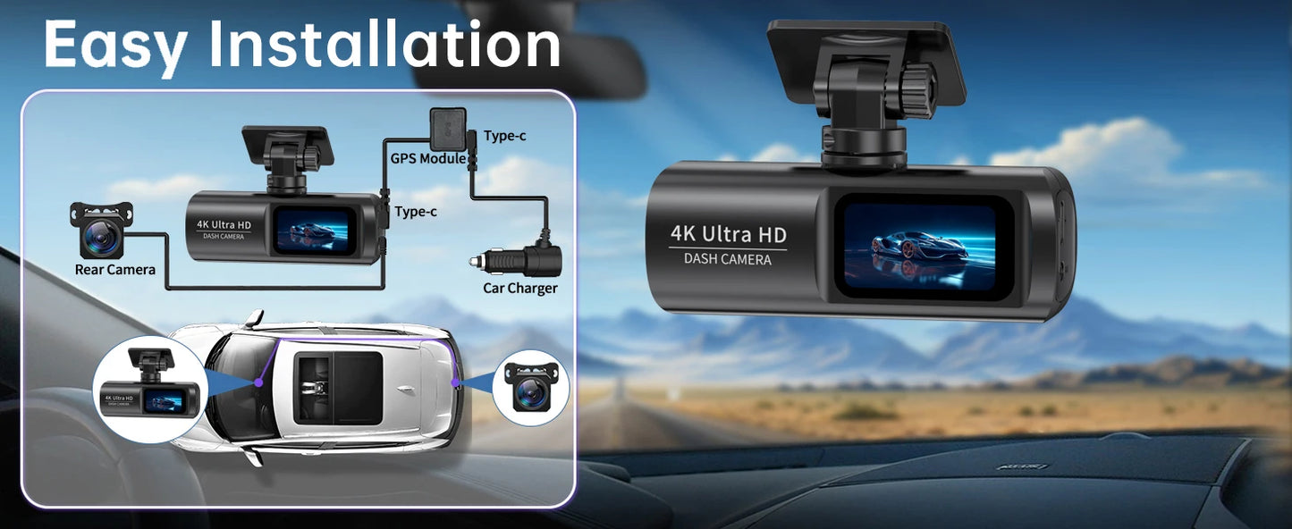 UHD 4K Dash Cam Dual Lens – 1080P Rear Lens, Built-in WiFi, GPS, 24-Hour Parking Monitoring Car DVR