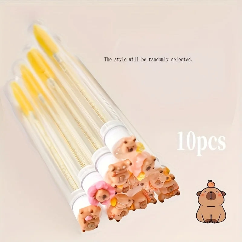 10PCS Capybara Eyelash Extension Brushes - Cute Oval Makeup Applicators with Reusable Nylon Bristles and ABS Handles