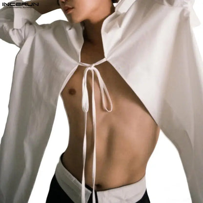 Men’s Lace Up Hollow Out Shirt - Long Sleeve Lapel Streetwear Top for Fashion Parties and Casual Style