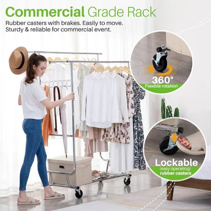 Double Clothing Garment Rack with Shelves – Rolling Clothes Rack on Wheels, 600LBS Capacity for Hanging Clothes