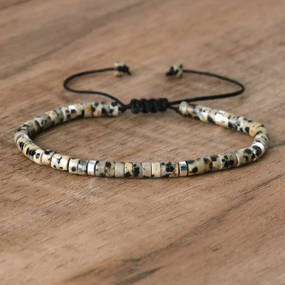 Natural Blue Emperor Stone Beaded Bracelet – Polished Block Beads, Adjustable Woven Rope Women’s Gift Jewelry