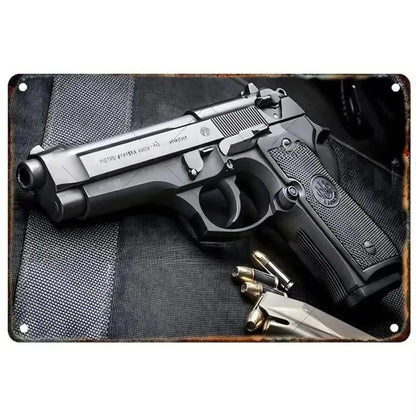 Pistol Metal Wall Sign - Military Style Decoration for Man Cave Home Cafe Bar Garden