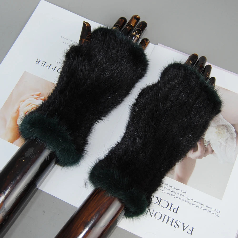 Women’s Winter Mink Fur Gloves – 100% Natural Fingerless Knitted Mittens for Warmth