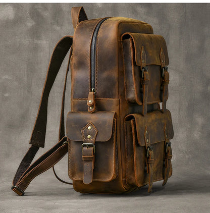Vintage Crazy Horse Leather Backpack for Men — 17" Laptop Travel Rucksack Cowhide Hiking Bag M815
