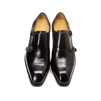Men’s Genuine Leather Monk Strap Shoes - Double Buckle Cap Toe Formal Business Office Wedding Dress Shoes