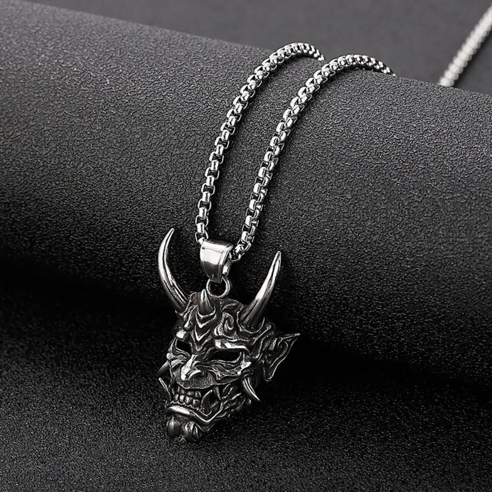 Vintage Punk Demon Mask Samurai Ghost Pendant Necklace — Unisex Long Chain Hip Hop Rock Jewelry, Party Gift Accessory